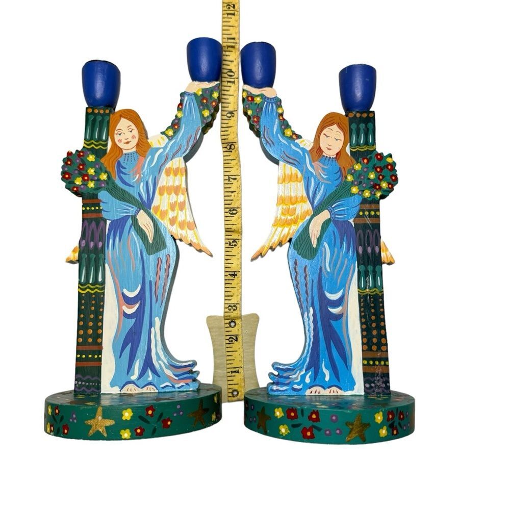 Pier 1 Wood Folk Art Scandinavian Feel Candle Holders Angel Vintage 70s 80s - Picture 4 of 5